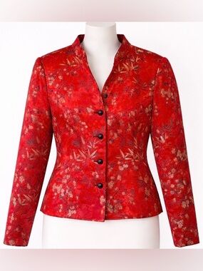 R&K Originals Silk Blend Red Gold Brocade Jacket Mandarin Collar Floral Chic
